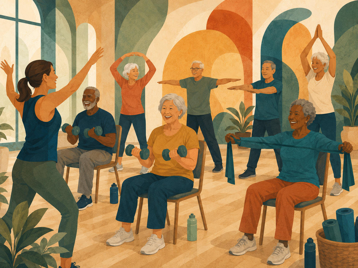 Group fitness class with older adults using light weights